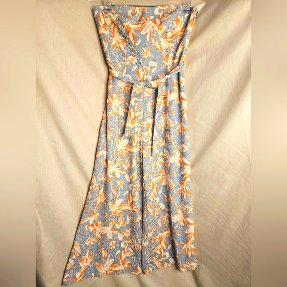 H&M Light Blue and Orange Strapless Floral Wide Leg Jumpsuit